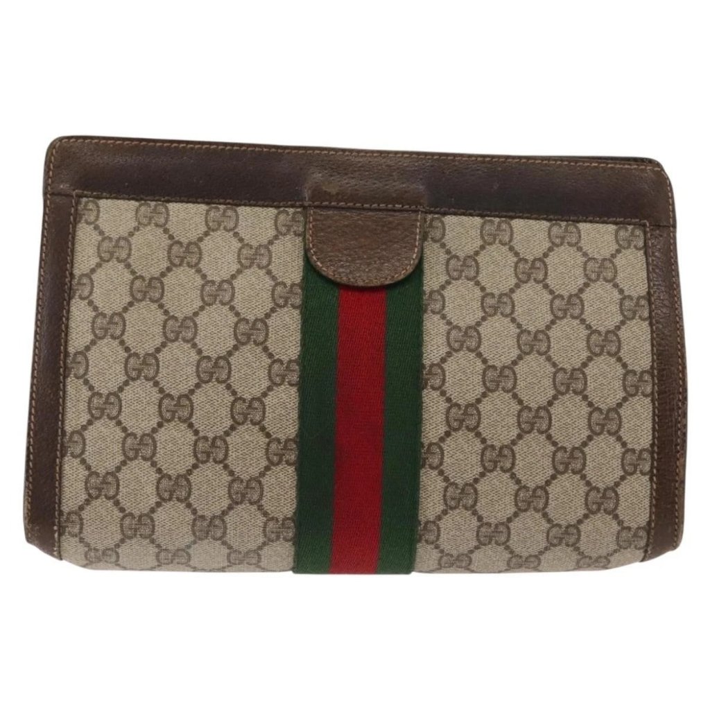Gucci Gg Supreme Web Sherry Line Clutch Bag Pvc Beige 67 014 2125 Auth 146575